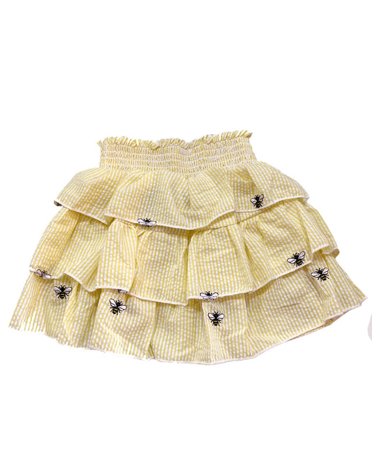 Yellow Tiered Seersucker Ruffled Beach Skirt with Embroidered Bees