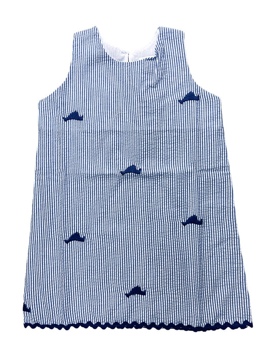 Blue Seersucker Girls Dress with Navy Embroidered Martha's Vineyards