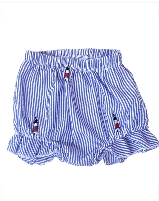 Blue Seersucker Baby Bloomers with Lighthouses