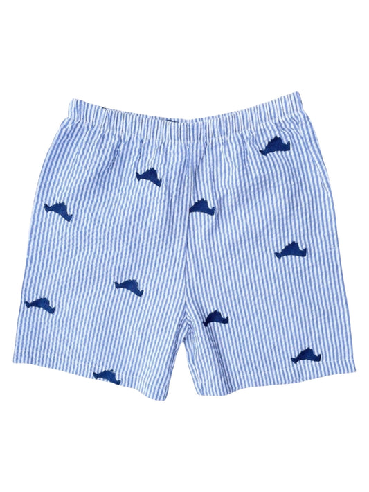 Blue Kids Seersucker Shorts with Navy Embroidered Martha's Vineyards
