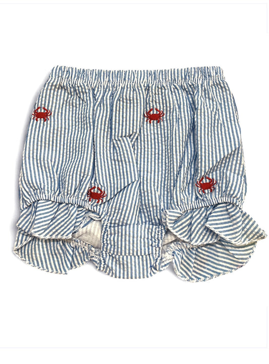 Slate Blue Seersucker Baby Bloomers with Red Embroidered Crabs