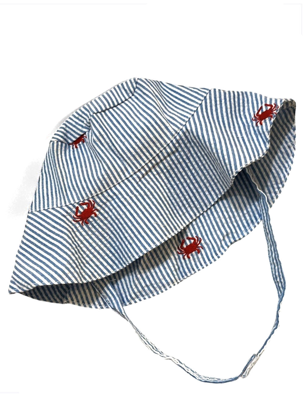 Slate Blue Seersucker with Red Embroidered Crab Bucket Hat