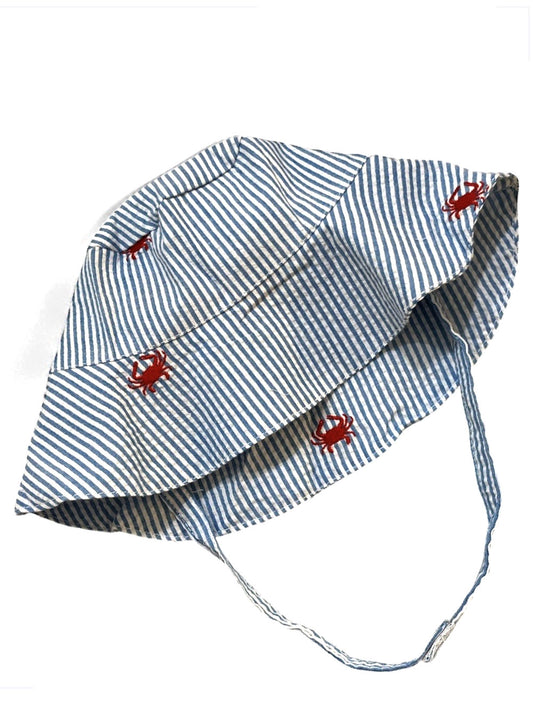 Slate Blue Seersucker with Red Embroidered Crab Bucket Hat