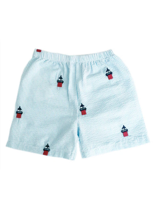 Turquoise Seersucker Kids Shorts with Embroidered Duxbury Bay Lighthouses