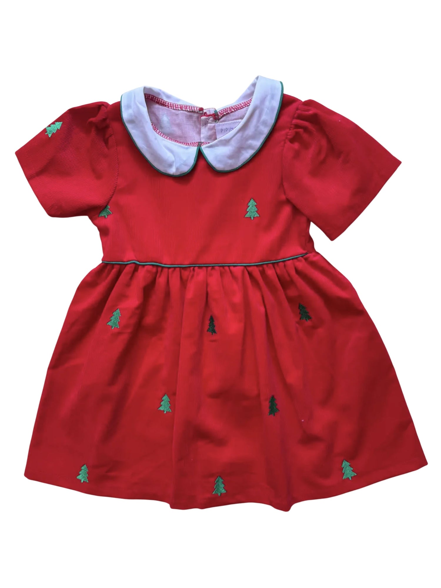 Red Corduroy Dress with Green Christmas Trees Piping Prints Red Corduroy Dress with Green Christmas Trees Piping Prints