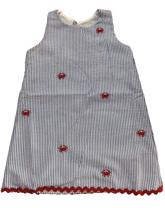 Slate Blue Seersucker Girls Dress with Red Embroidered Crabs