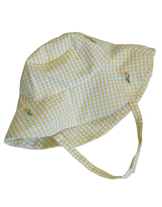 Yellow Gingham Seersucker with Embroidered Daffodils Bucket Hat