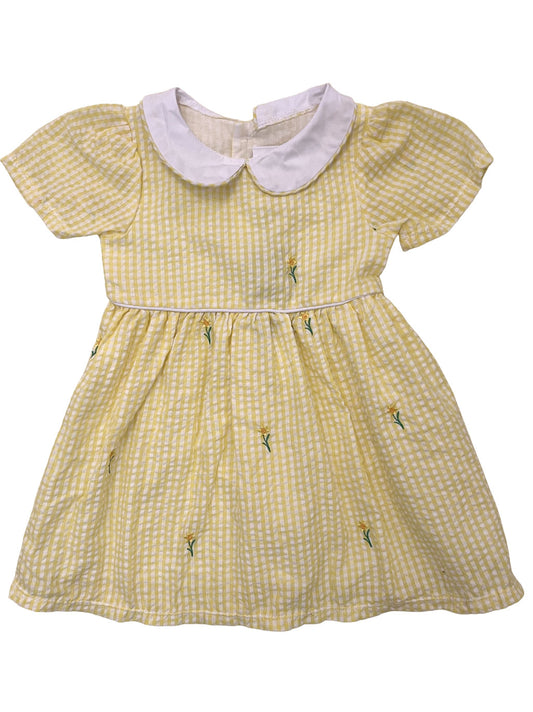 Yellow Gingham Seersucker Girls Dress with Embroidered Daffodils and Peter Pan Collar