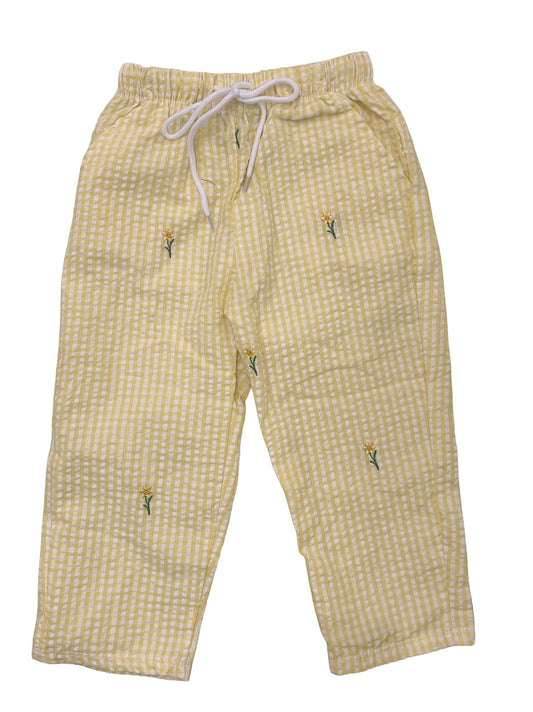 Yellow Gingham Seersucker Pants with Daffodils