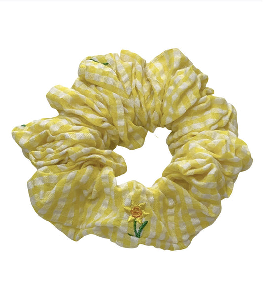 Yellow Gingham Seersucker with Daffodil Scrunchie