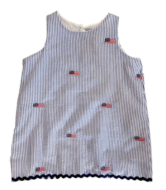 Blue Seersucker Dress with American Flags