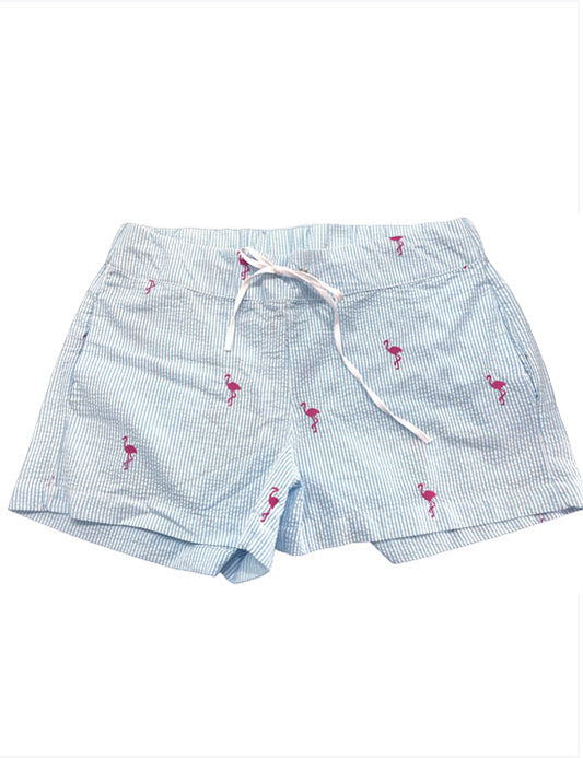 Turquoise Seersucker Women's Lounge Short with Pink Embroidered Flamingos