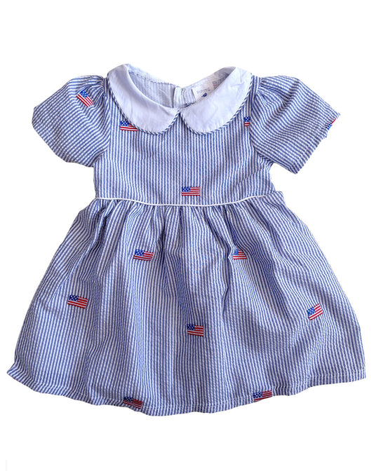 Blue Seersucker with American Flags Pan Collar Dress