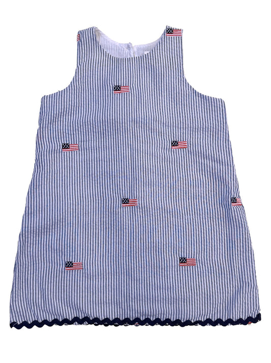 Blue Seersucker Dress with American Flags