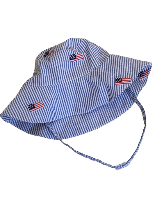 Blue Seersucker with  Embroidered American Flags  Bucket Hat