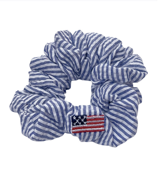 Blue Seersucker with American Flags Scrunchie