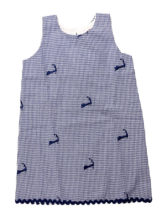 Blue Gingham Seersucker Girls Dress with Navy Cape Cods