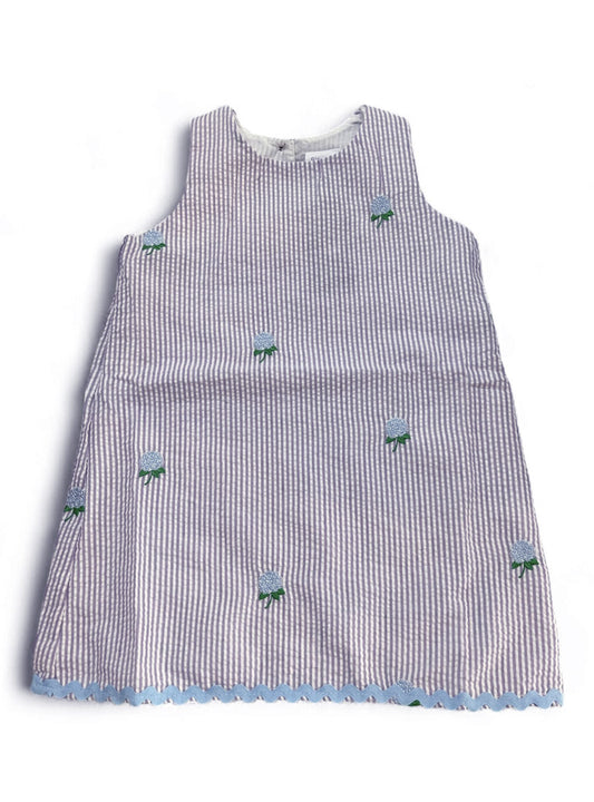 Lilac Seersucker Girls Dress with Embroidered Hydrangea Flowers