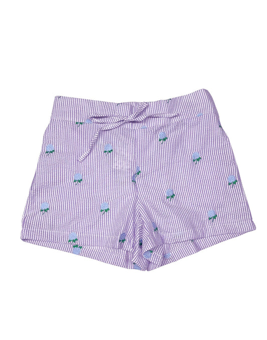 Lilac Seersucker Women's Lounge Short with Embroidered Hydrangeas