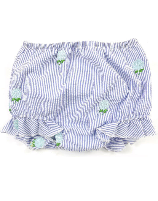 Lilac Seersucker Baby Bloomers with Embroidered Hydrangeas