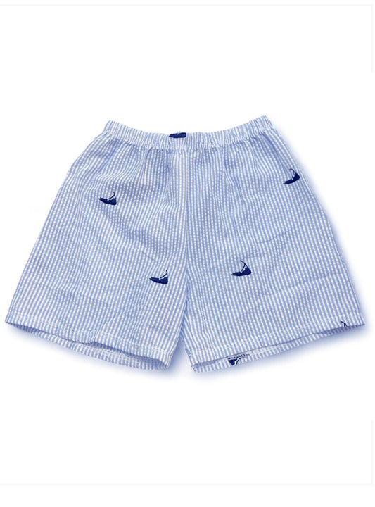 Blue Seersucker Kid Shorts with Navy Embroidered Nantuckets