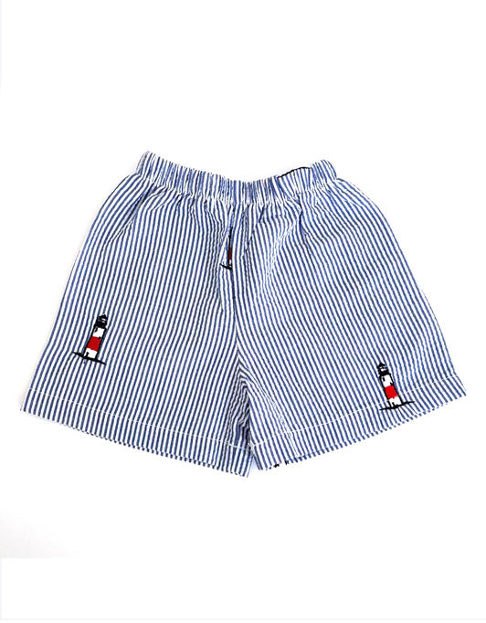 Blue Seersucker Shorts with Embroidered Sankaty head Lighthouses