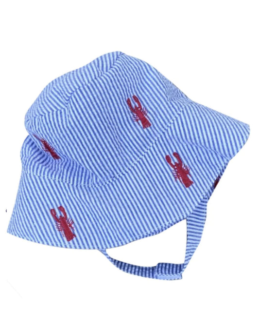 Blue Seersucker with Red Embroidered Lobsters Baby Bucket Hat