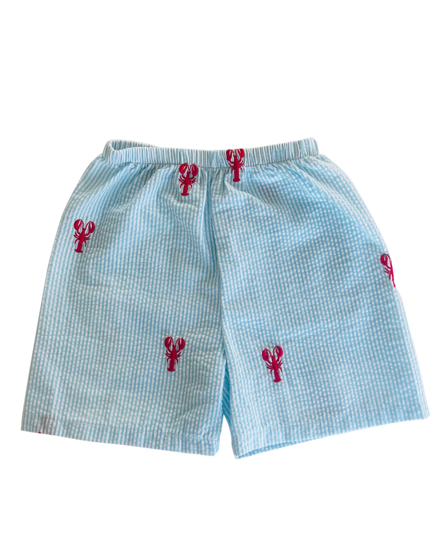 Turquoise Kids Seersucker Shorts with Red Embroidered Lobsters