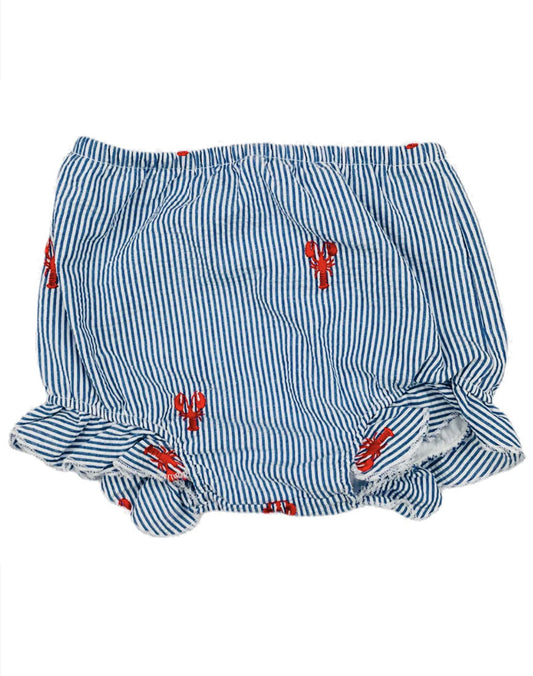 Blue Seersucker Baby Bloomers with Red Embroidered Lobsters