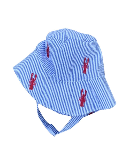 Blue Seersucker with Red Embroidered Lobsters Baby Bucket Hat
