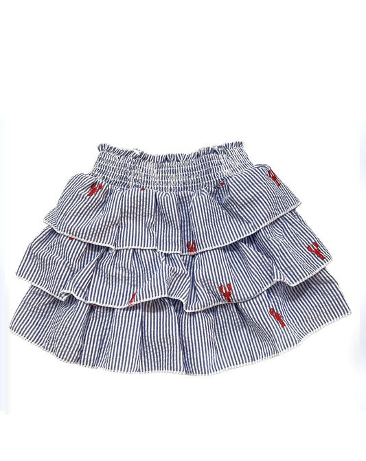 Blue Tiered Seersucker Ruffled Beach Skirt with Embroidered Lobsters