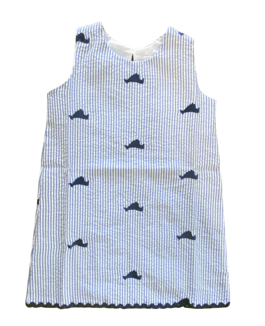 Blue Seersucker Girls Dress with Navy Embroidered Martha's Vineyards