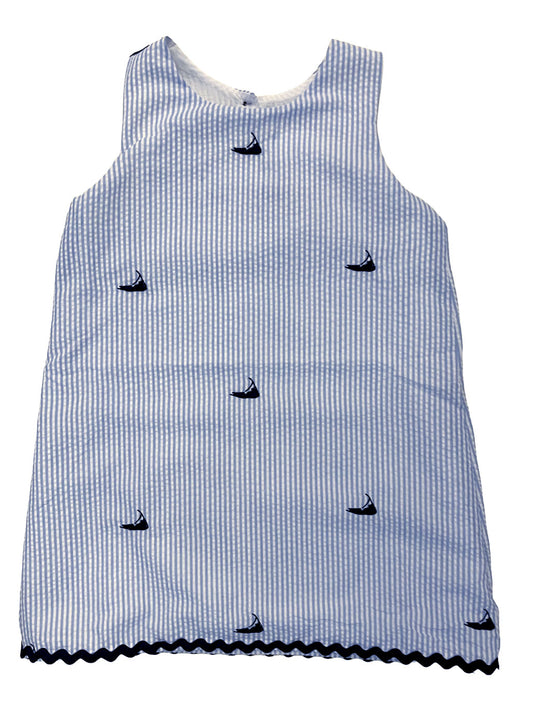 Light Blue Seersucker Girls Dress with Navy Embroidered Nantuckets