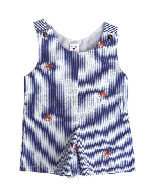 Blue Seersucker Romper with Orange Octopuses