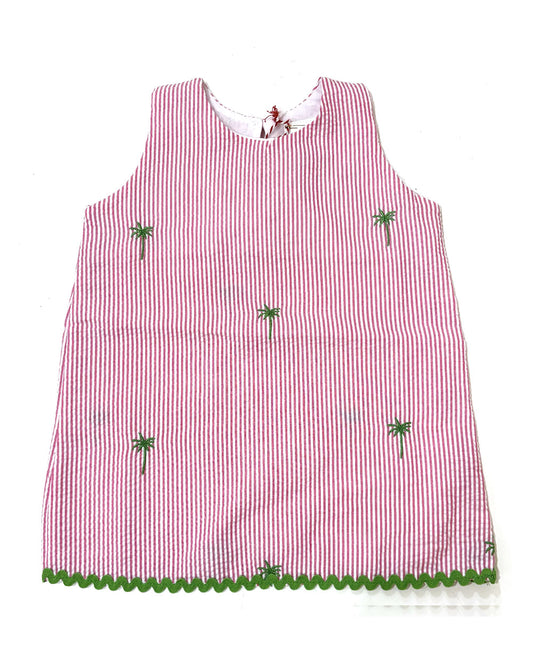Pink Seersucker Girls Dress with Green Embroidered Palm Trees