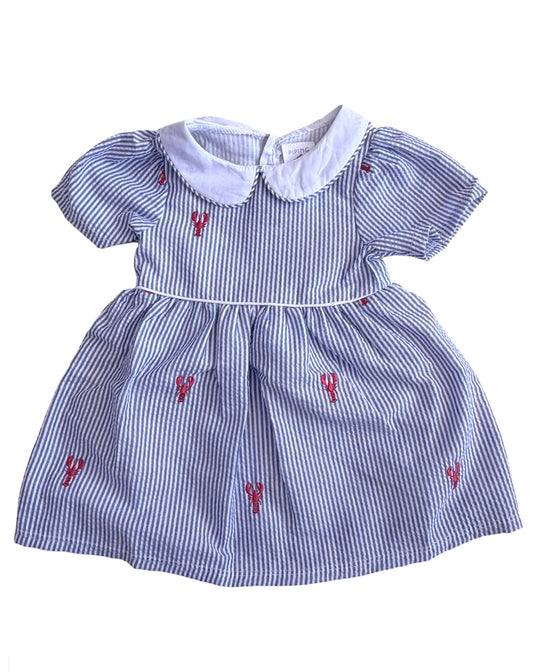 Blue Seersucker with Red Lobster Peter Pan Collar Dress