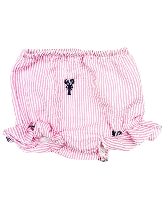 Pink Seersucker Baby Bloomers with Navy Embroidered Lobsters