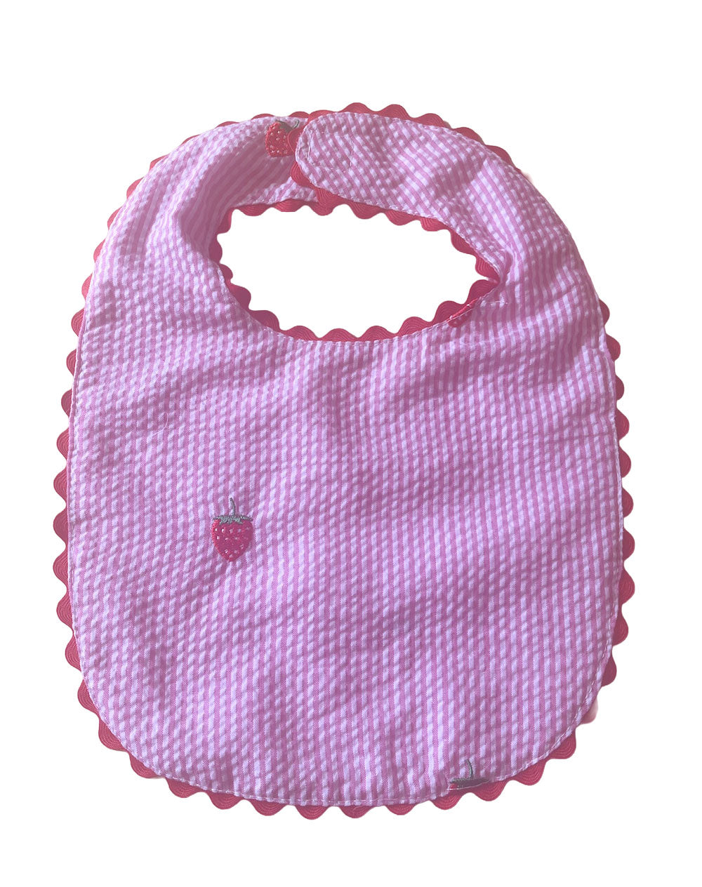 Pink Seersucker Bib with Embroidered Strawberries