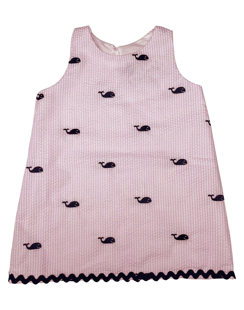 Light Pink Seersucker Dress with Navy Embroidered Whales