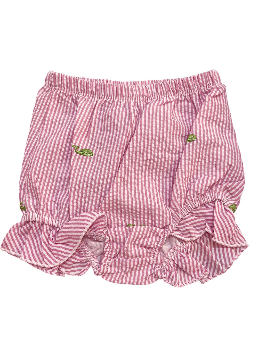 Pink Seersucker Baby Bloomers with Green Embroidered Whales