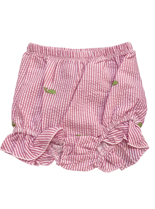 Pink Seersucker Baby Bloomers with Green Embroidered Whales