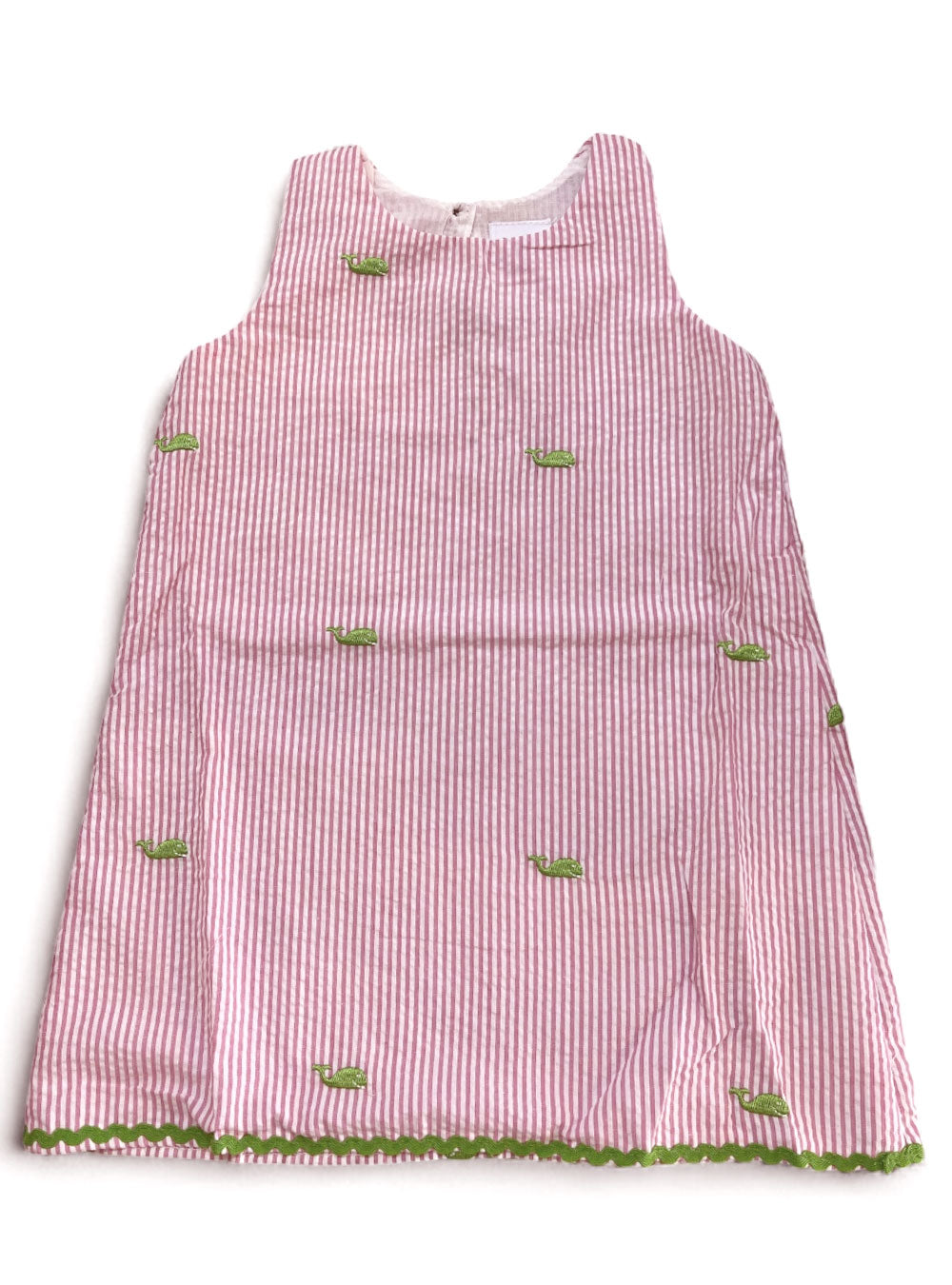 Pink Seersucker Girls Dress with Green Embroidered Whales