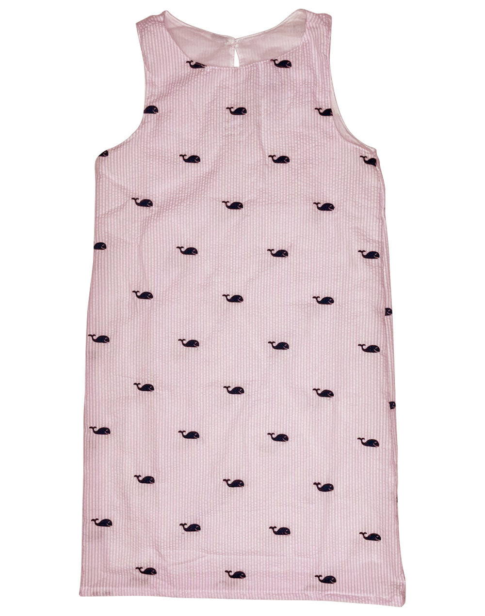 Light Pink Seersucker Women's Dress with Navy Embroidered Whales