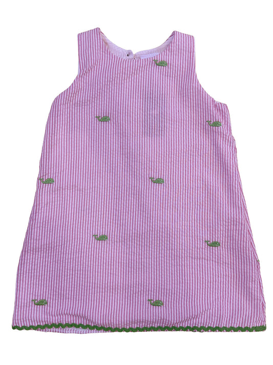 Pink Seersucker Girls Dress with Green Embroidered Whales