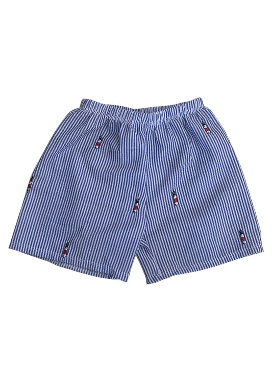 Blue Kids Seersucker Shorts with Embroidered Sankaty Lighthouses