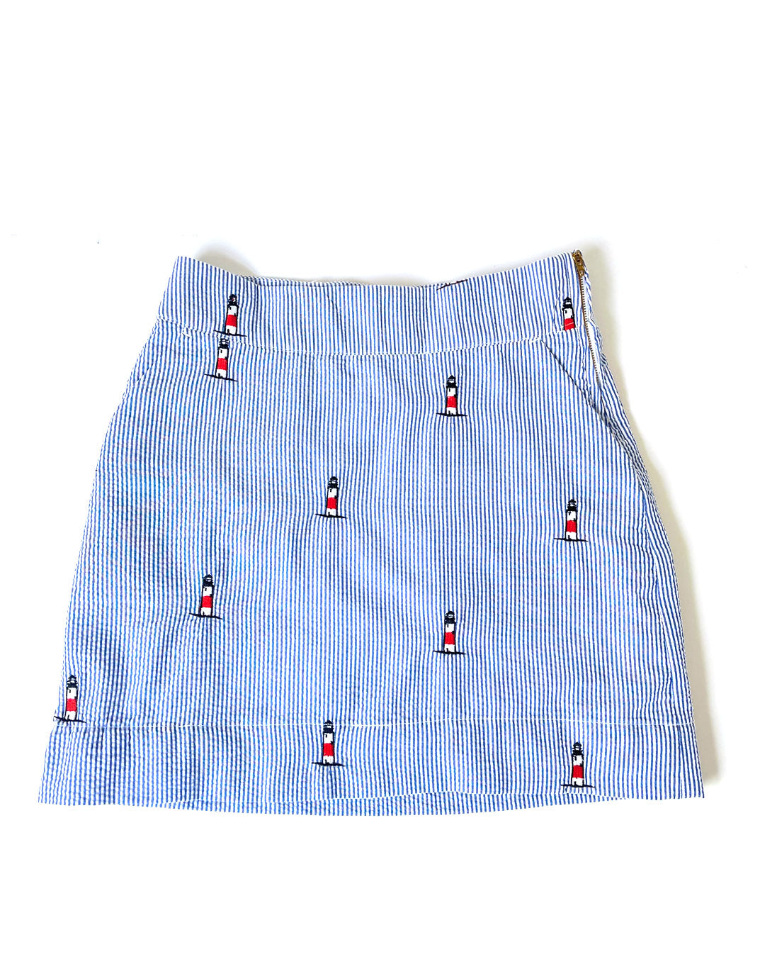 Blue Seersucker Skirt with Embroidered Sankaty Lighthouses