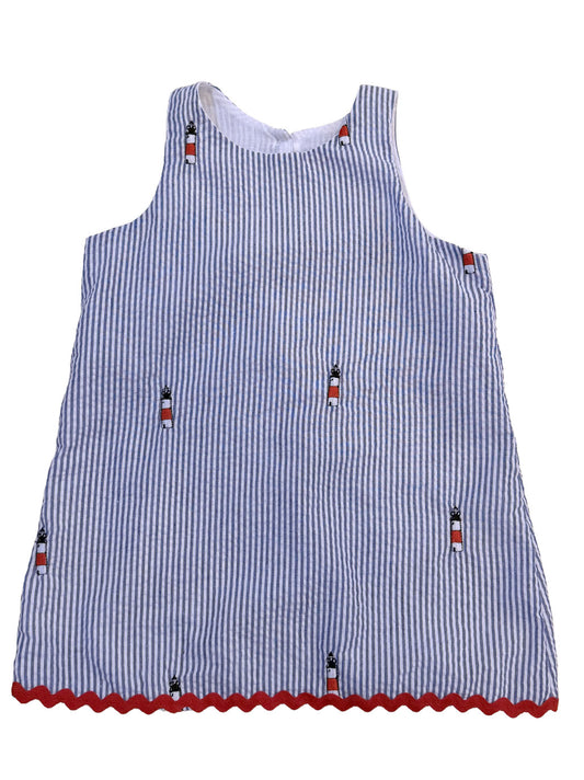 Blue Seersucker Girls Dress with Embroidered Lighthouses