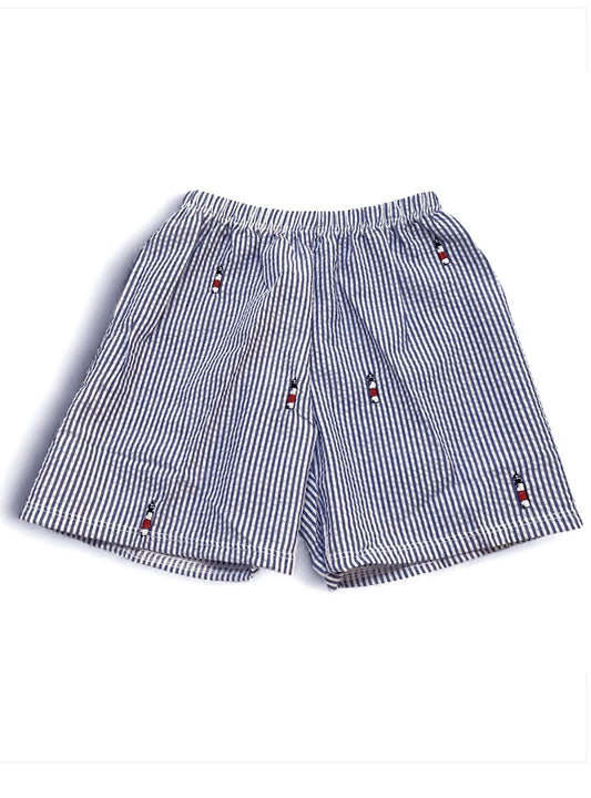 Blue Kids Seersucker Shorts with Embroidered Sankaty Lighthouses