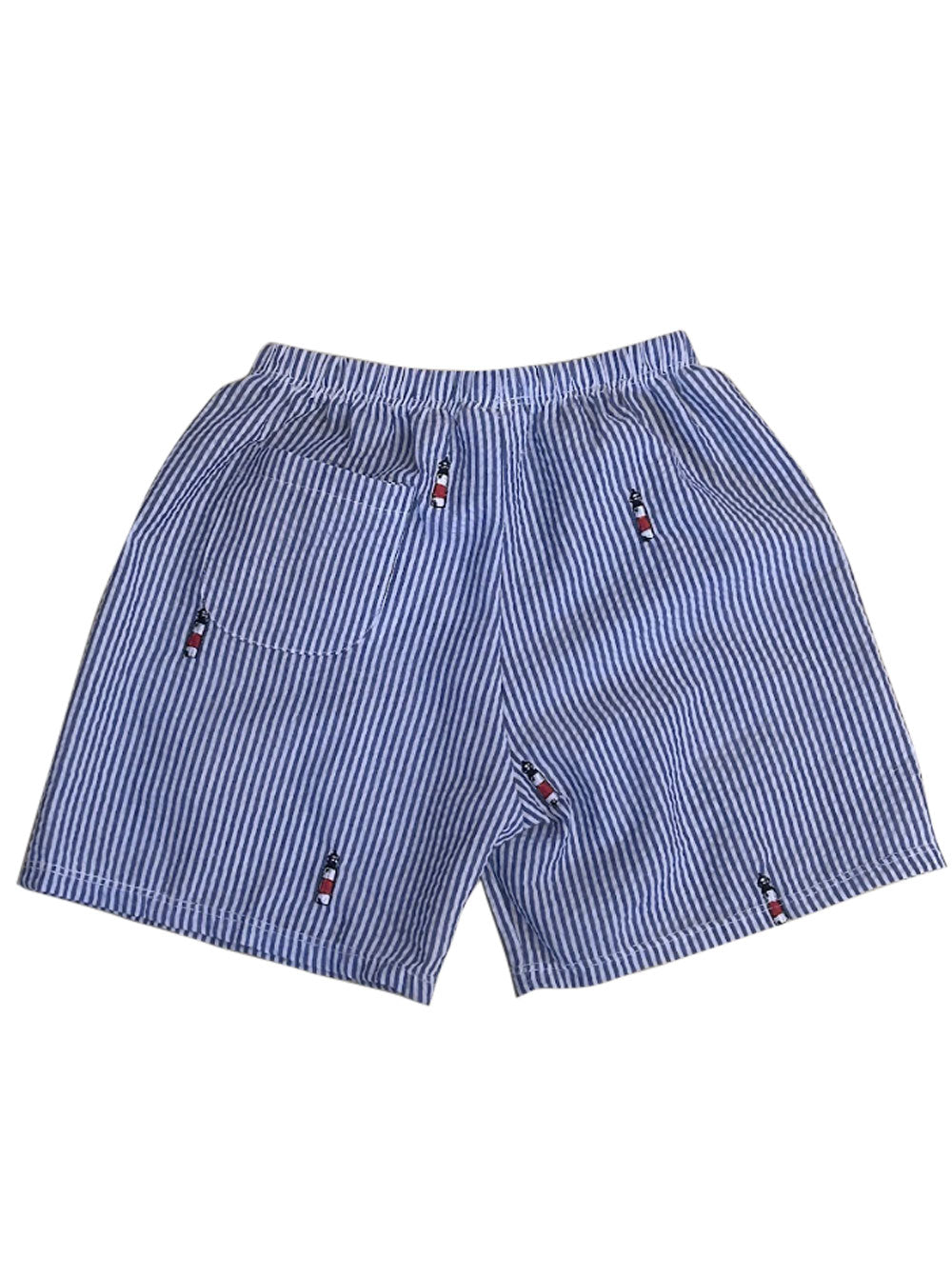 Blue Kids Seersucker Shorts with Embroidered Sankaty Lighthouses