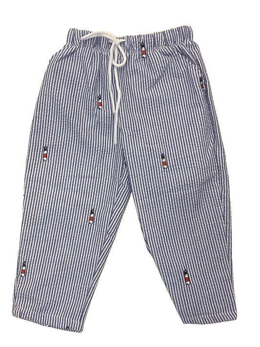 Blue Seersucker Pants with Lighthouse